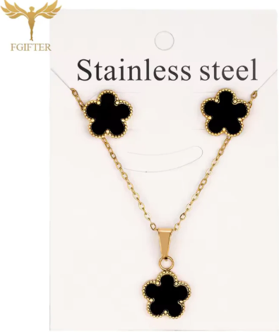 3PC Women Black Flower Necklace Earrings Jewelry Set Gold Plated Stainless Steel Accessories Wedding Banquet Party Festival Gift
