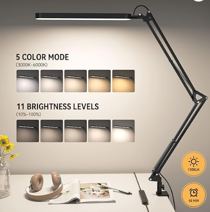 SKYLEO Desk Lamp - 80cm Desk Light - 5 Color Modes X 11 Brightness Levels - Adjustable Swing Arm - Timmer & Memory Function - 12W Study Lamp - Black