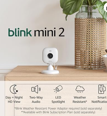 Blink Mini 2 – Plug-in smart security camera, HD night view in colour, built-in spotlight, two-way audio, motion detection, works with Alexa (White)