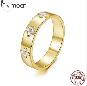 BAMOER 925 Sterling Silver Lucky Clover Moissanite Ring, Gold Plated D Color Round Cut Wide Band Ring for Women Wedding Gift